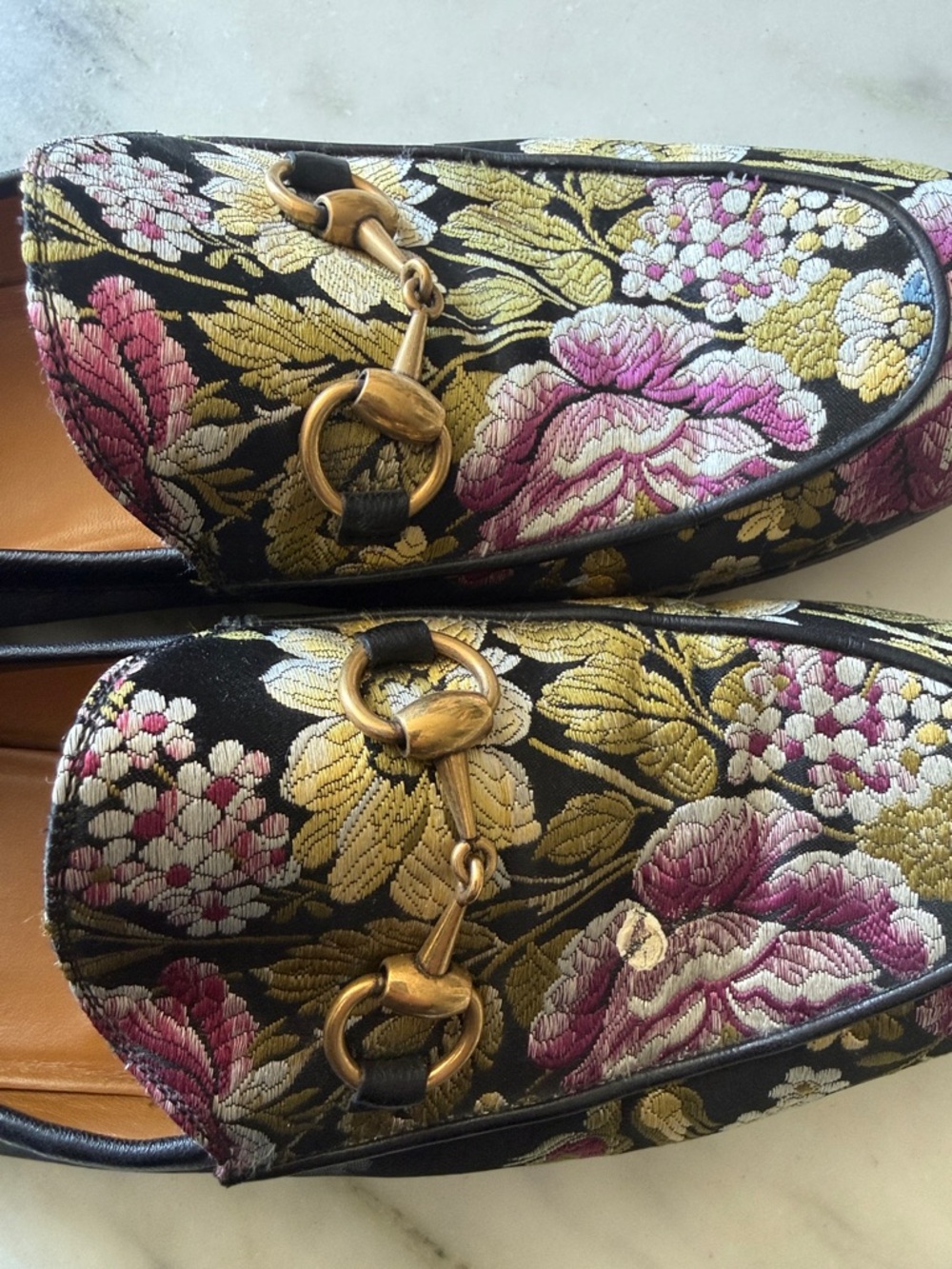 Gucci Black Loafers with Gold Horsebit and Pink Floral Embroidery - Picture 5 of 5